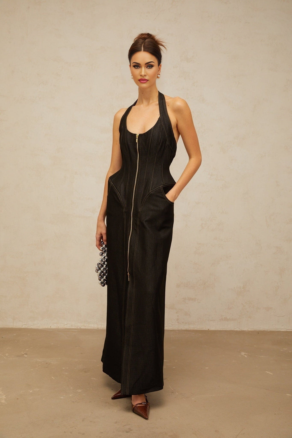 Perlina Denim Maxi Dress Halterneck Front Slit Contrast Stitching