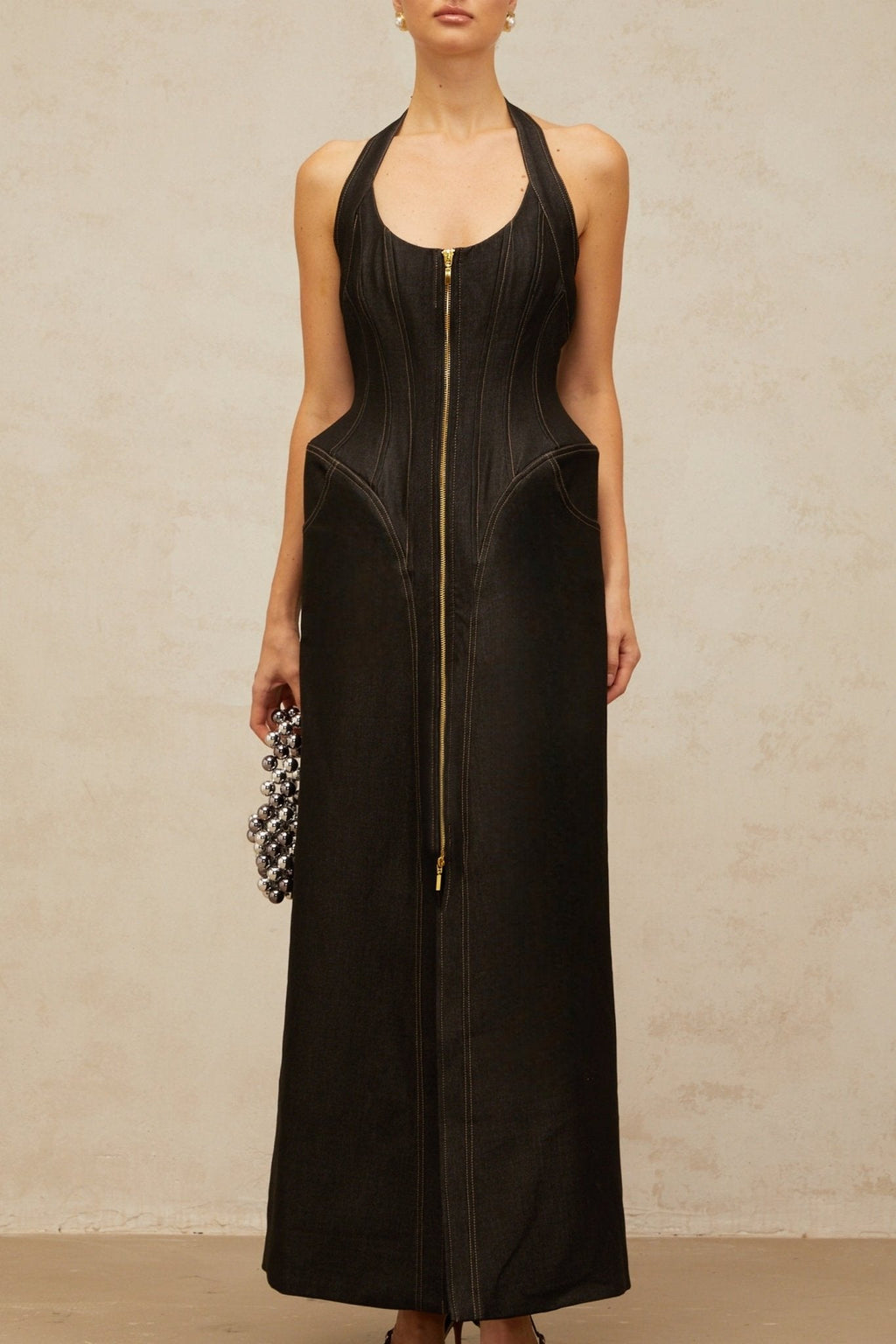 Perlina Denim Maxi Dress Halterneck Front Slit Contrast Stitching