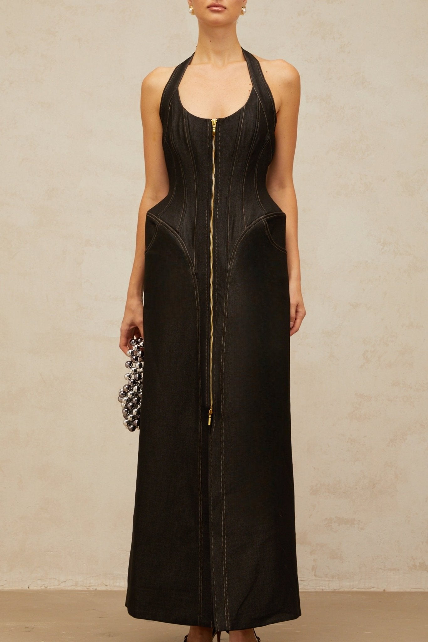 Perlina Denim Maxi Dress Halterneck Front Slit Contrast Stitching