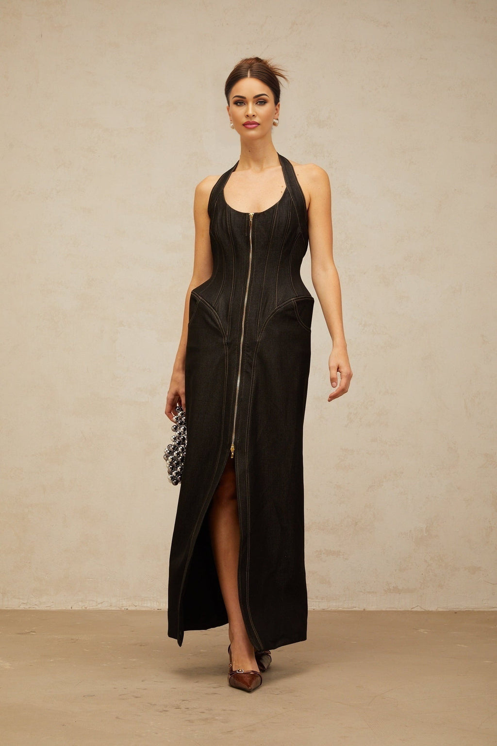 Perlina Denim Maxi Dress Halterneck Front Slit Contrast Stitching