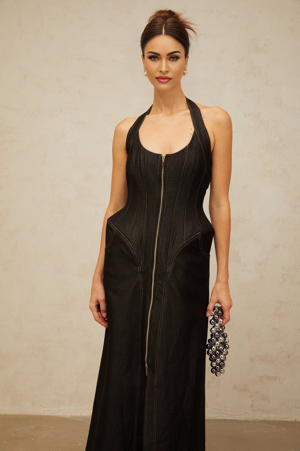 Perlina Denim Maxi Dress Halterneck Front Slit Contrast Stitching
