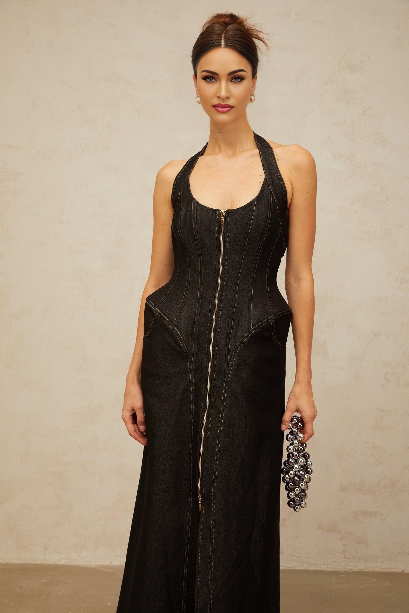 Perlina Denim Maxi Dress Halterneck Front Slit Contrast Stitching