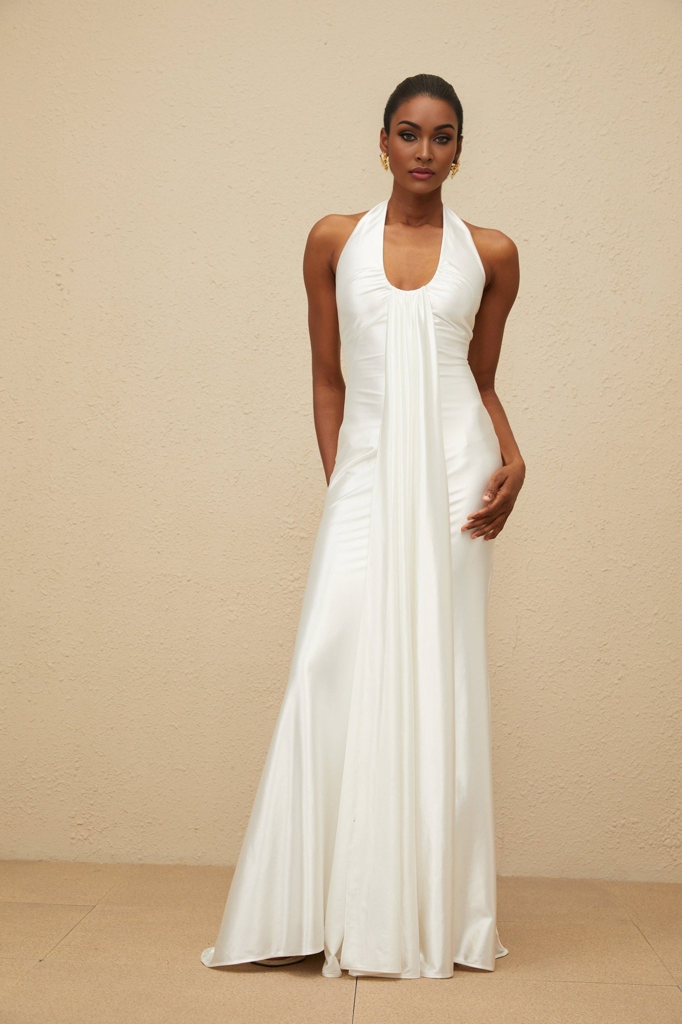 Peyton Gown - halter neck - Ruched Detailing - Satin Finish - Ribbon Design - Flared Hem - Rear Zip Fastening - Maxi Length