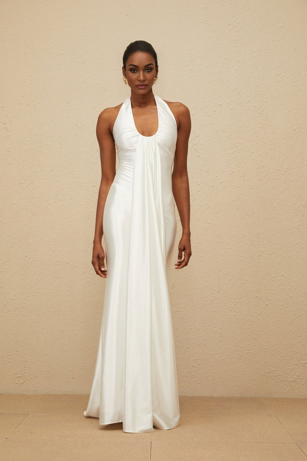 Peyton Gown - halter neck - Ruched Detailing - Satin Finish - Ribbon Design - Flared Hem - Rear Zip Fastening - Maxi Length