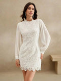 This elegant white dress features intricate lace detailing with a flattering fitted silhouette, accentuated by voluminous.