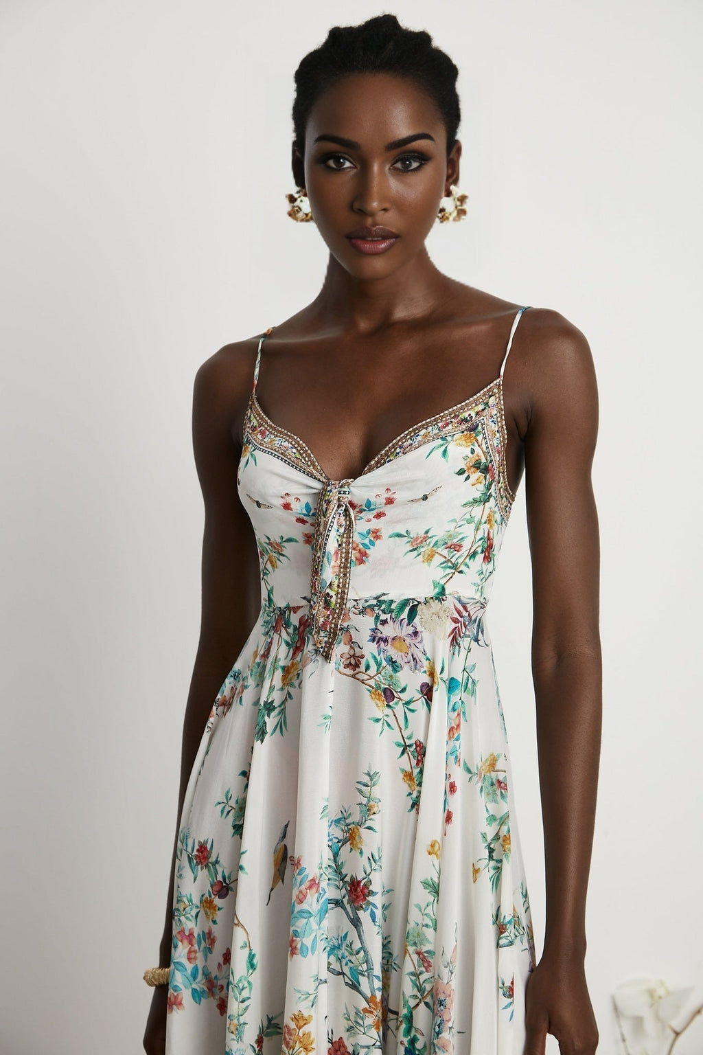 Philippine Floral Silk Midi Dress With Twist Front and Crystal Detail