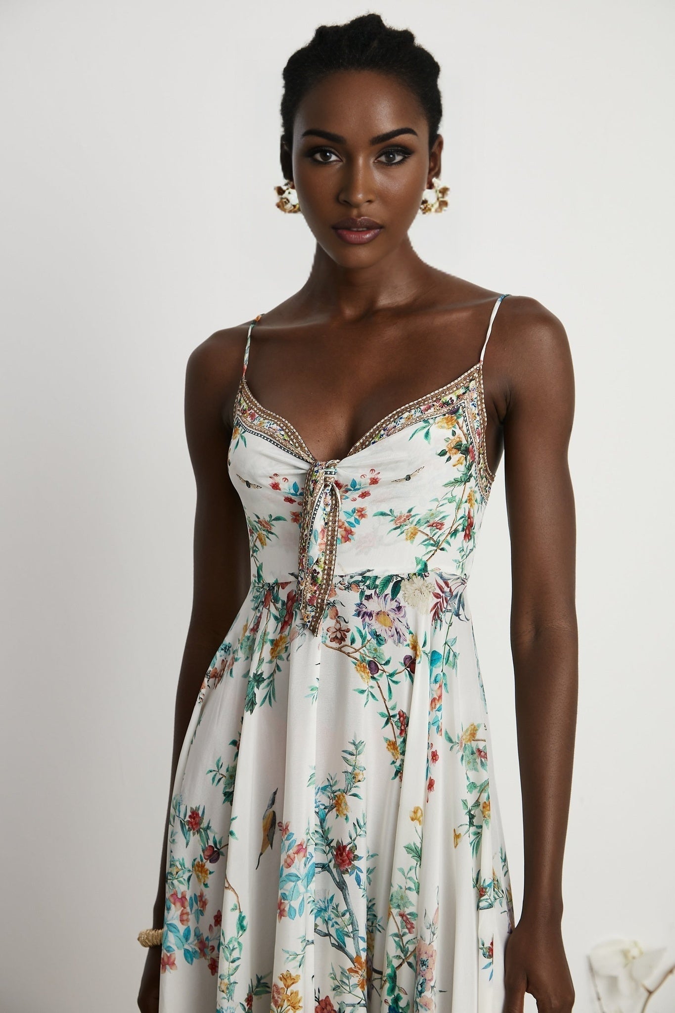 Philippine Floral Silk Midi Dress With Twist Front and Crystal Detail