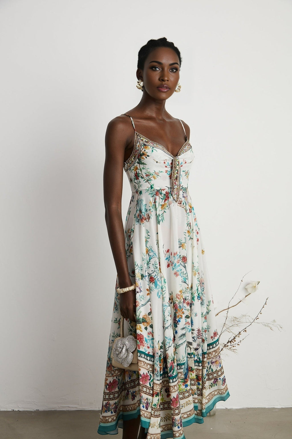 Philippine Floral Silk Midi Dress With Twist Front and Crystal Detail