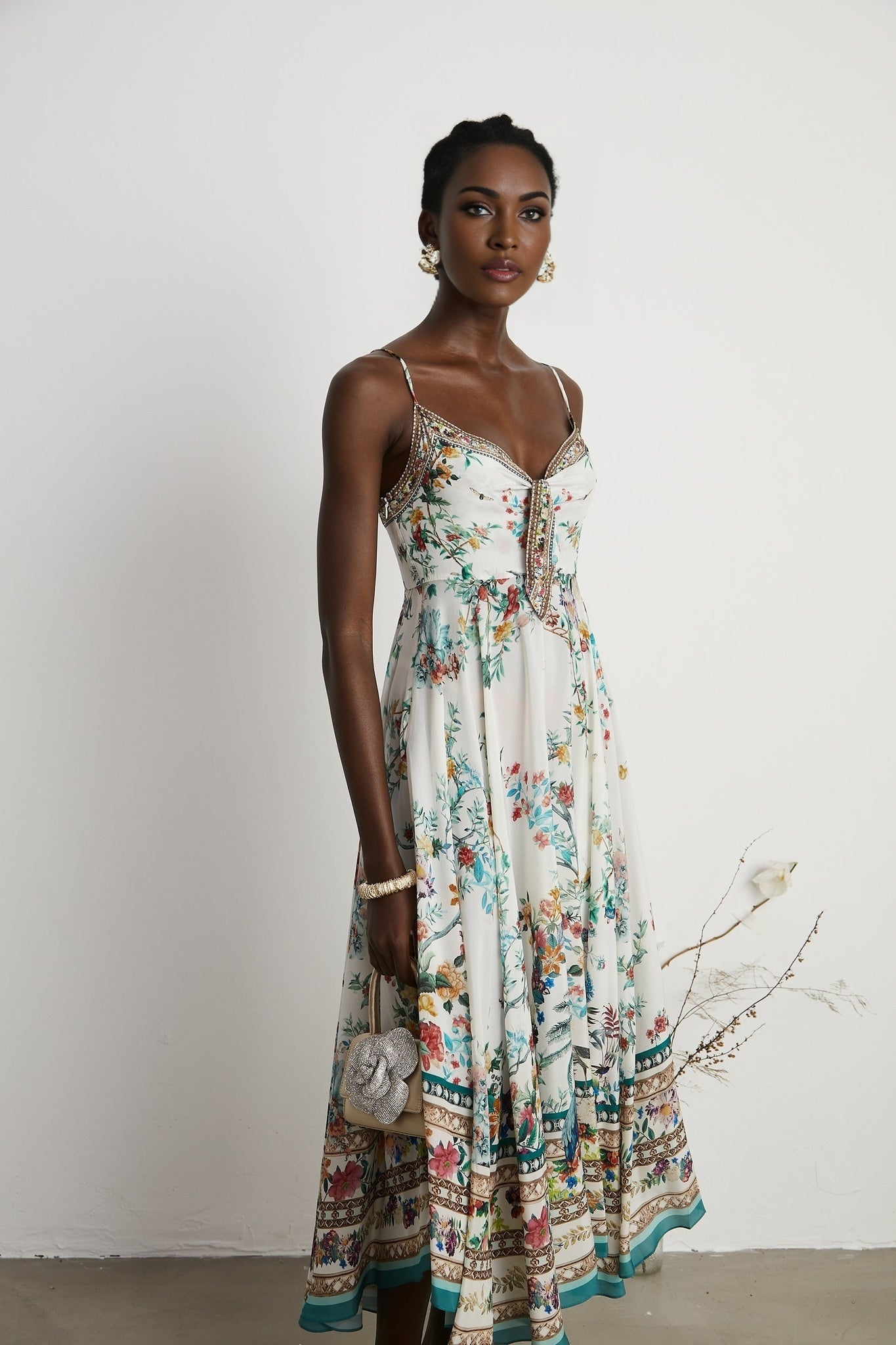 Philippine Floral Silk Midi Dress With Twist Front and Crystal Detail