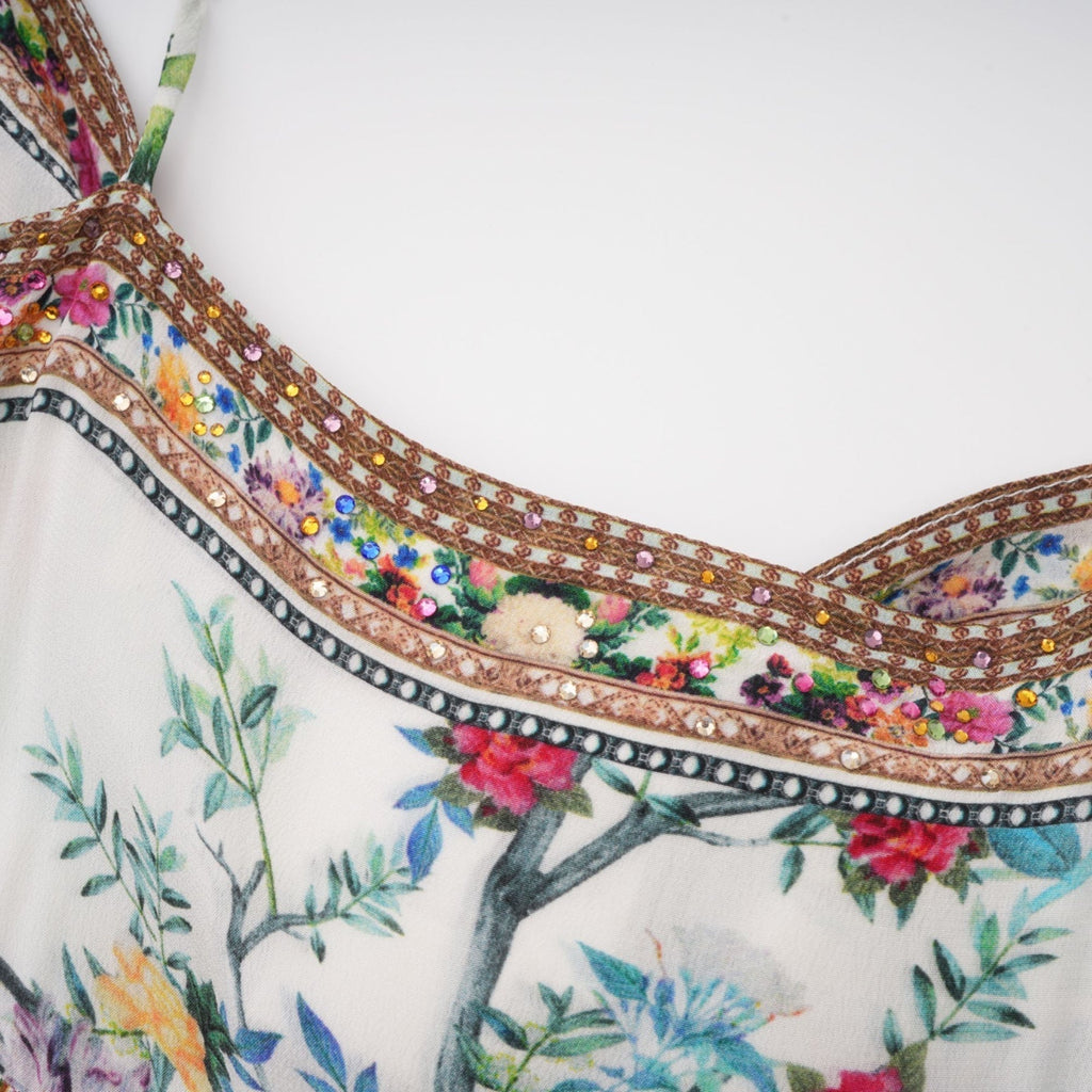 Philippine Floral Silk Midi Dress With Twist Front and Crystal Detail