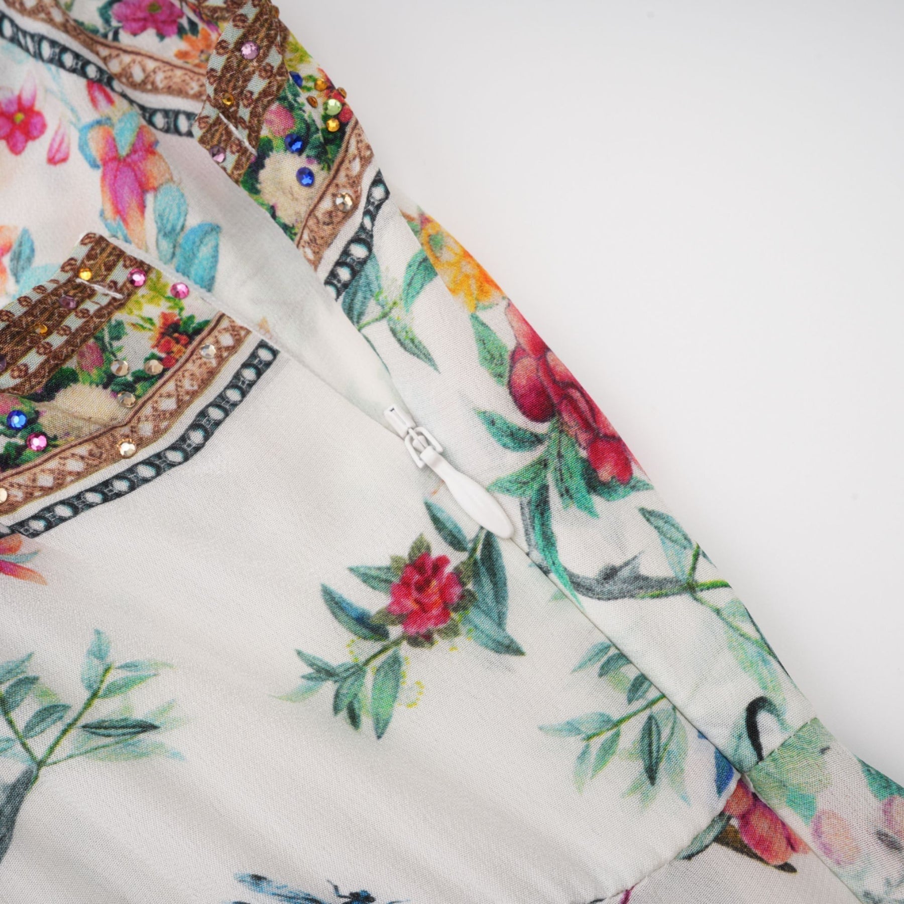 Philippine Floral Silk Midi Dress With Twist Front and Crystal Detail