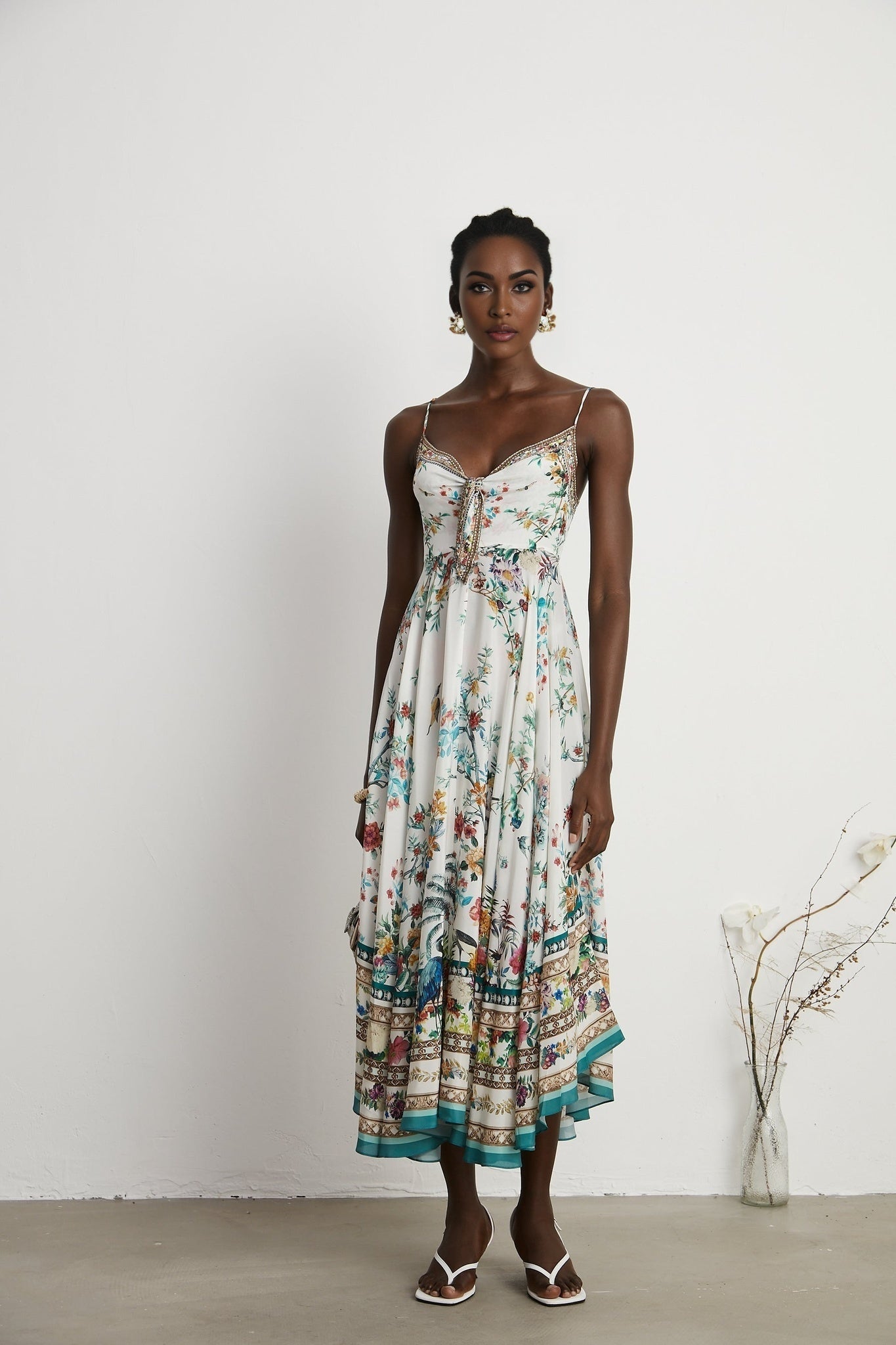 Philippine Floral Silk Midi Dress With Twist Front and Crystal Detail