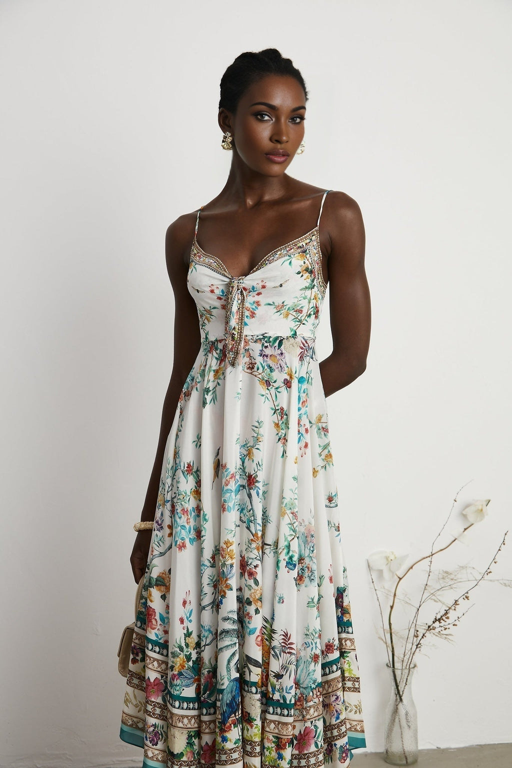 Philippine Floral Silk Midi Dress With Twist Front and Crystal Detail