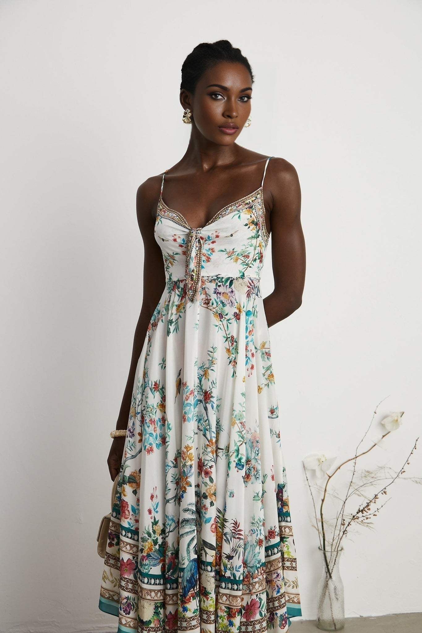 Philippine Floral Silk Midi Dress With Twist Front and Crystal Detail