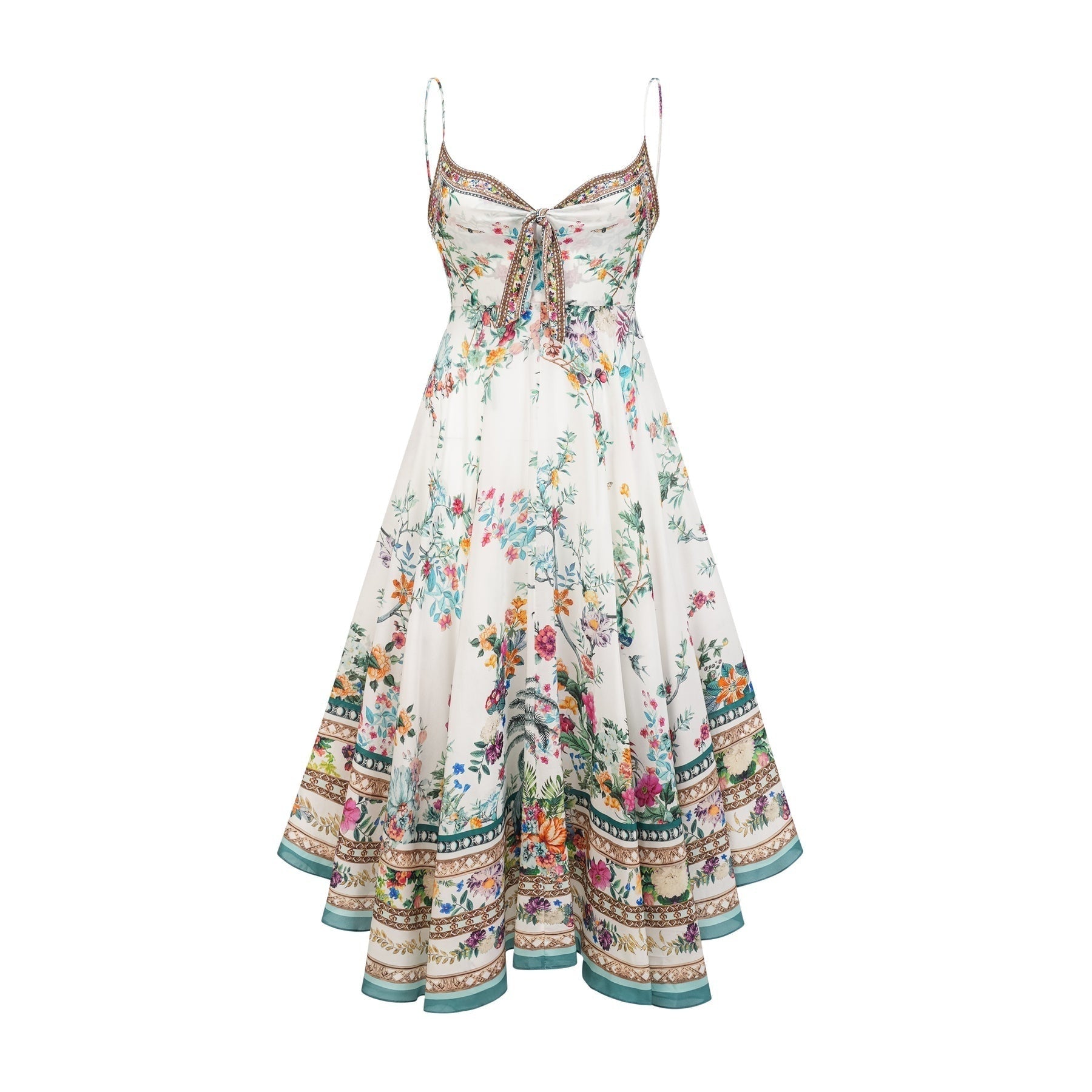 Philippine Floral Silk Midi Dress With Twist Front and Crystal Detail