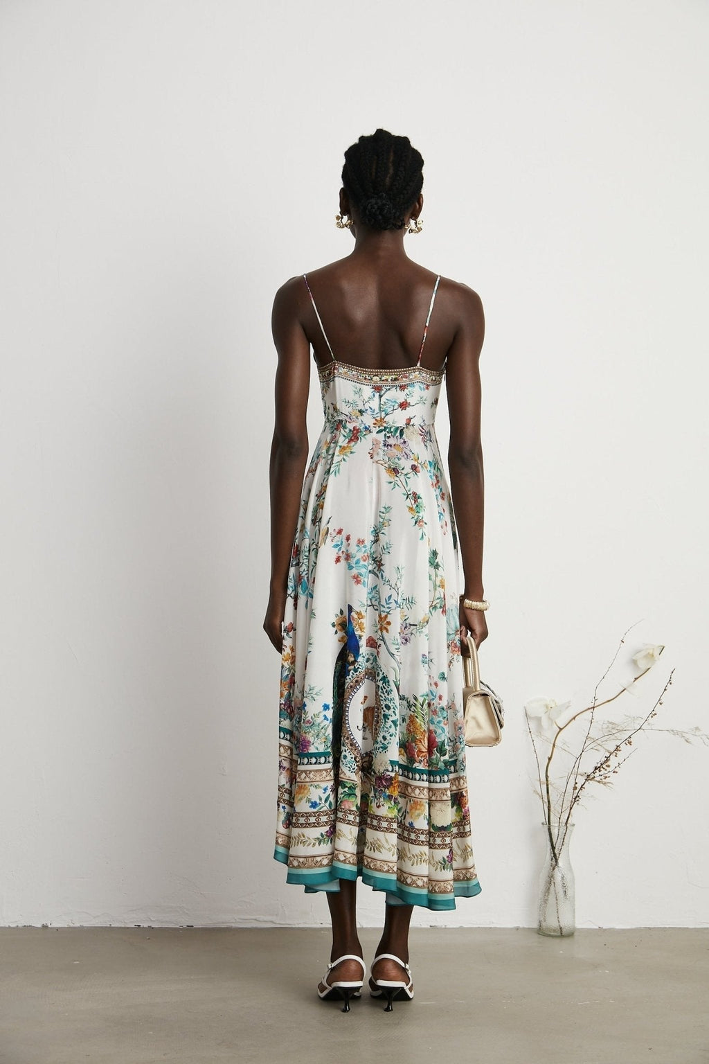 Philippine Floral Silk Midi Dress With Twist Front and Crystal Detail