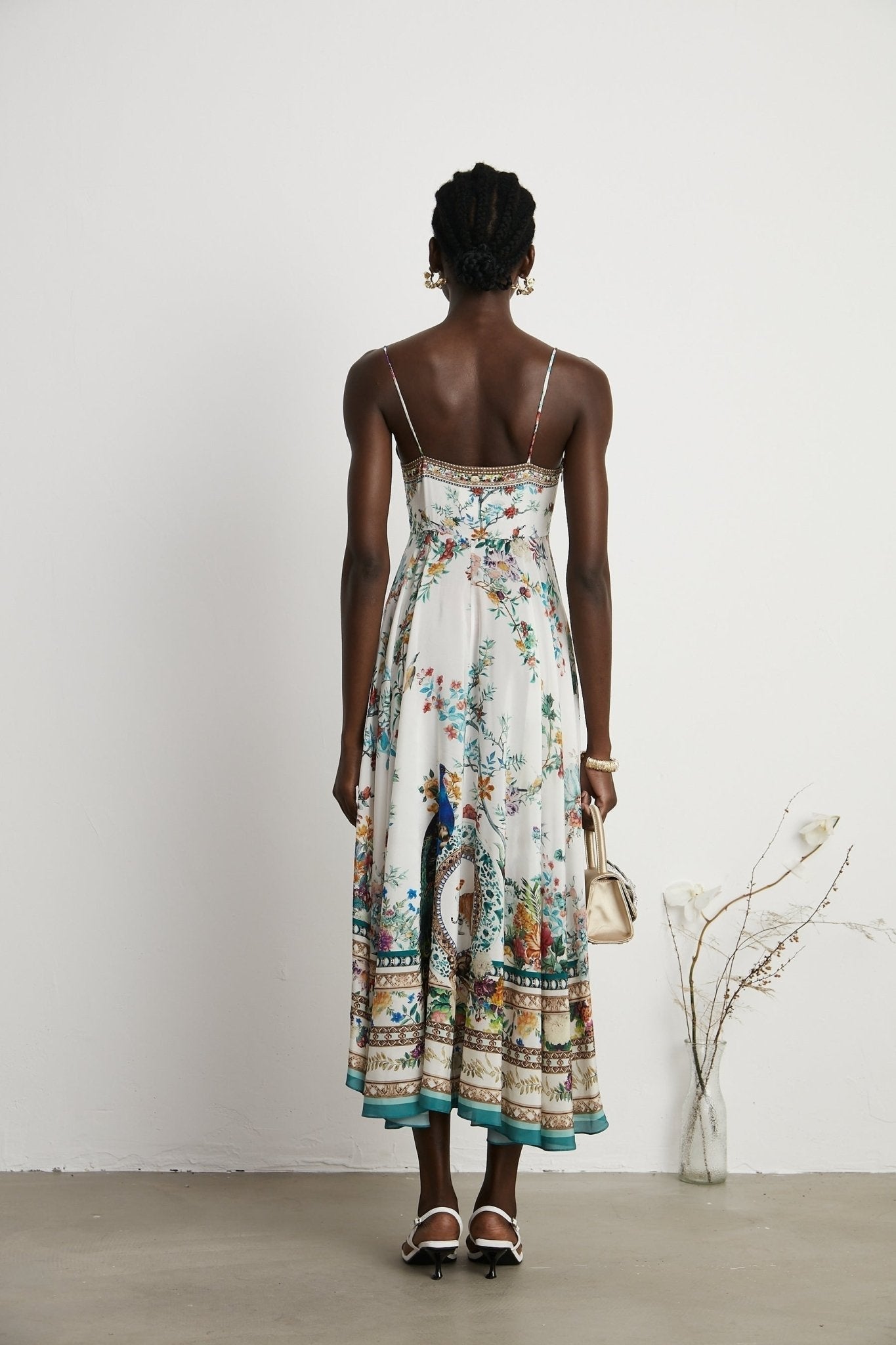 Philippine Floral Silk Midi Dress With Twist Front and Crystal Detail
