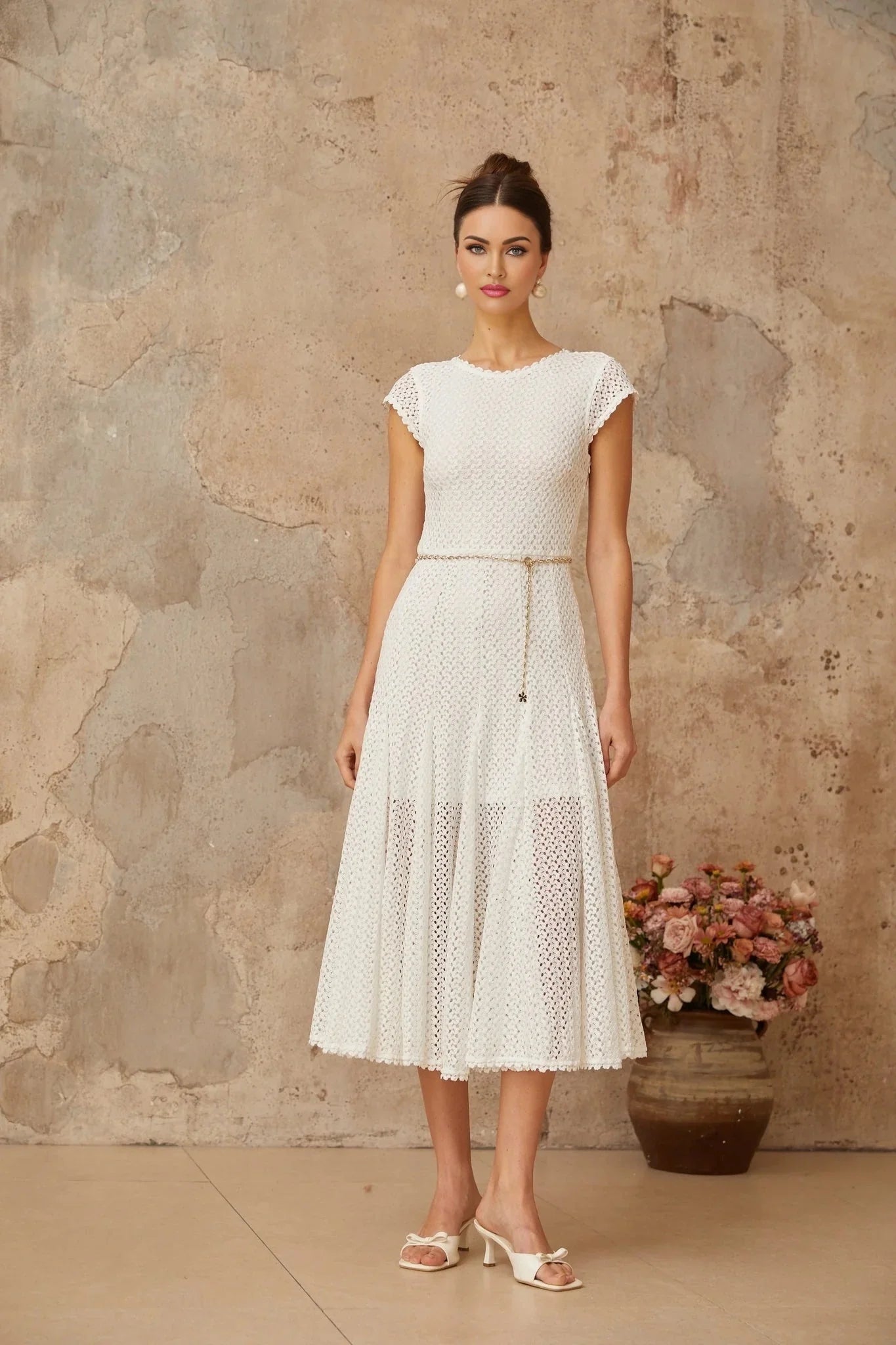 Phoebe Midi Dress White Crochet Shirred Chain - Link Hem