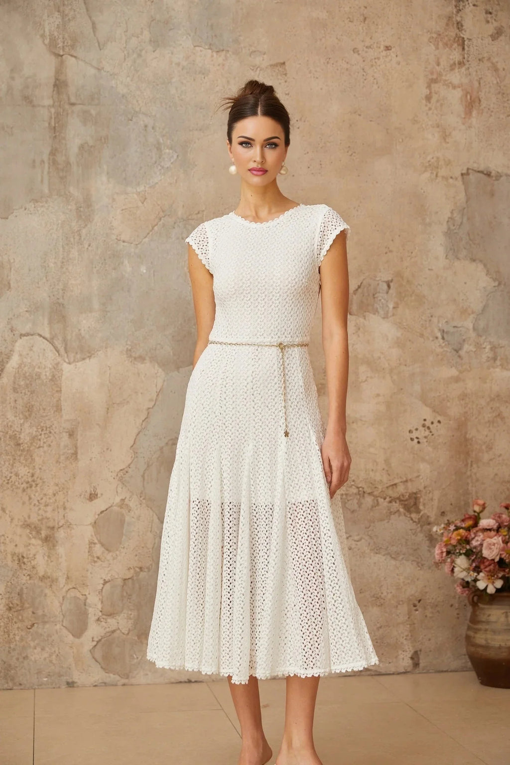 Phoebe Midi Dress White Crochet Shirred Chain - Link Hem