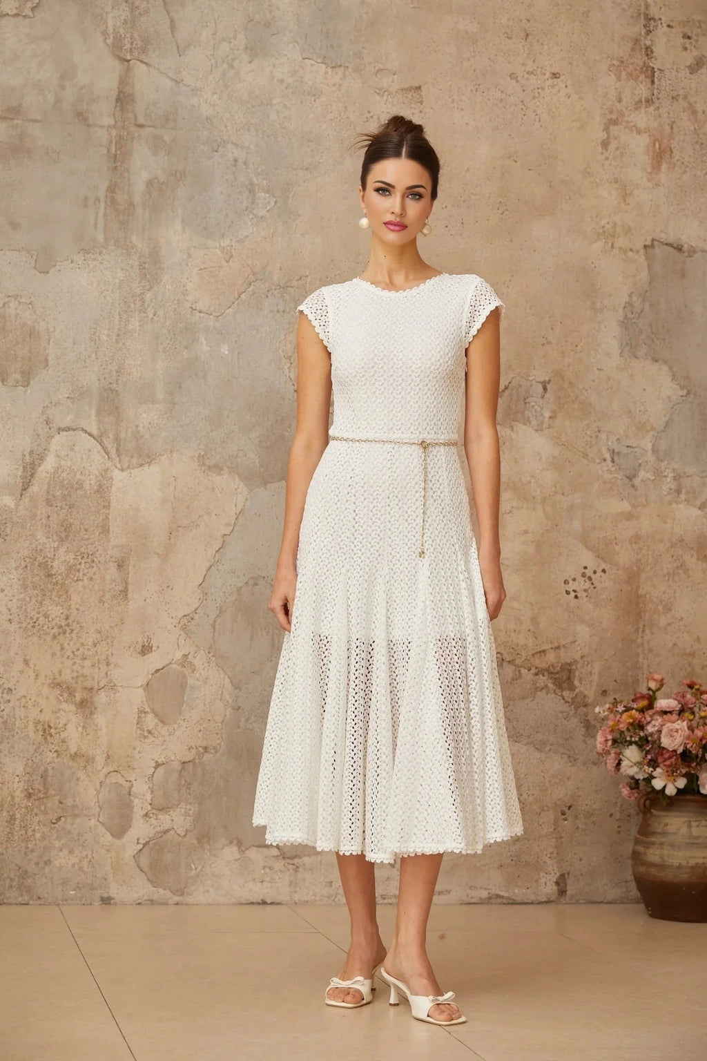 Phoebe Midi Dress White Crochet Shirred Chain - Link Hem