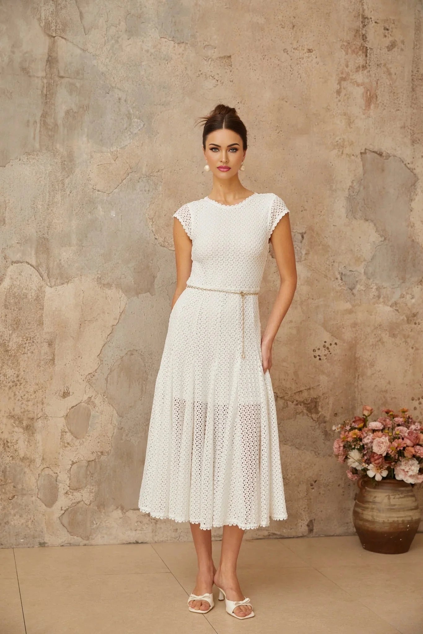 Phoebe Midi Dress White Crochet Shirred Chain - Link Hem