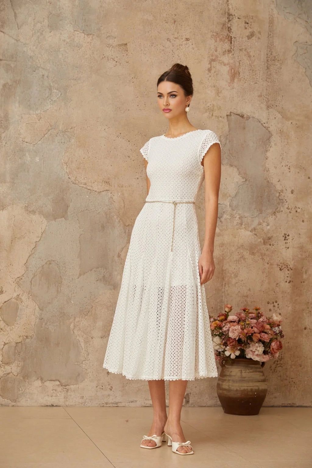 Phoebe Midi Dress White Crochet Shirred Chain - Link Hem