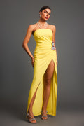 Phoebe Yellow Floral Maxi Dress with High Slit for Special Occasions
