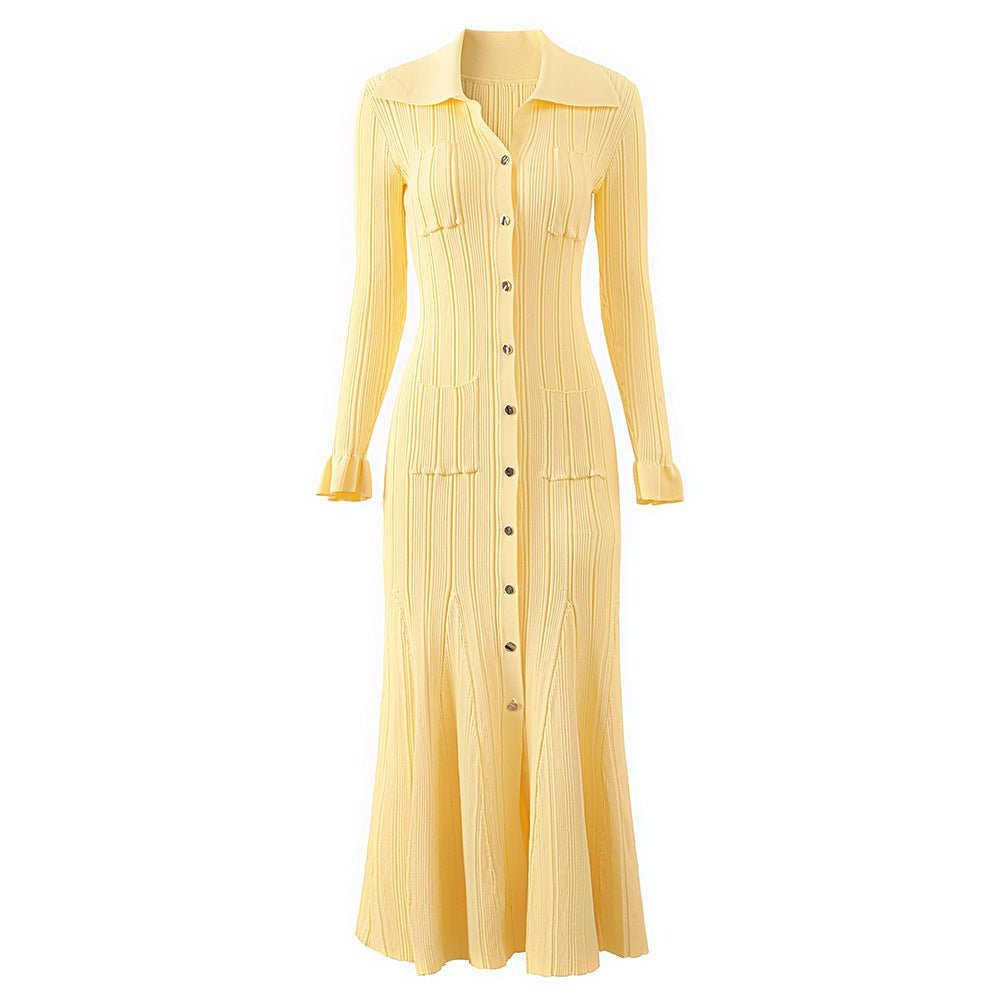 Piera Maxi Dress - Flattering Fit - Retro Collared Design - Lightweight Ribbed Knit - Versatile Styling - Trendy Flared Sleeve