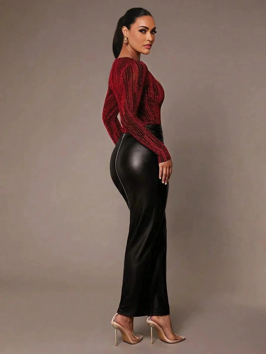 Pierina Bodysuit - Slim Fit - Medium Stretch - Knitted Fabric - Party Style - Square Neckline - Long Sleeve Length - Premium Quality