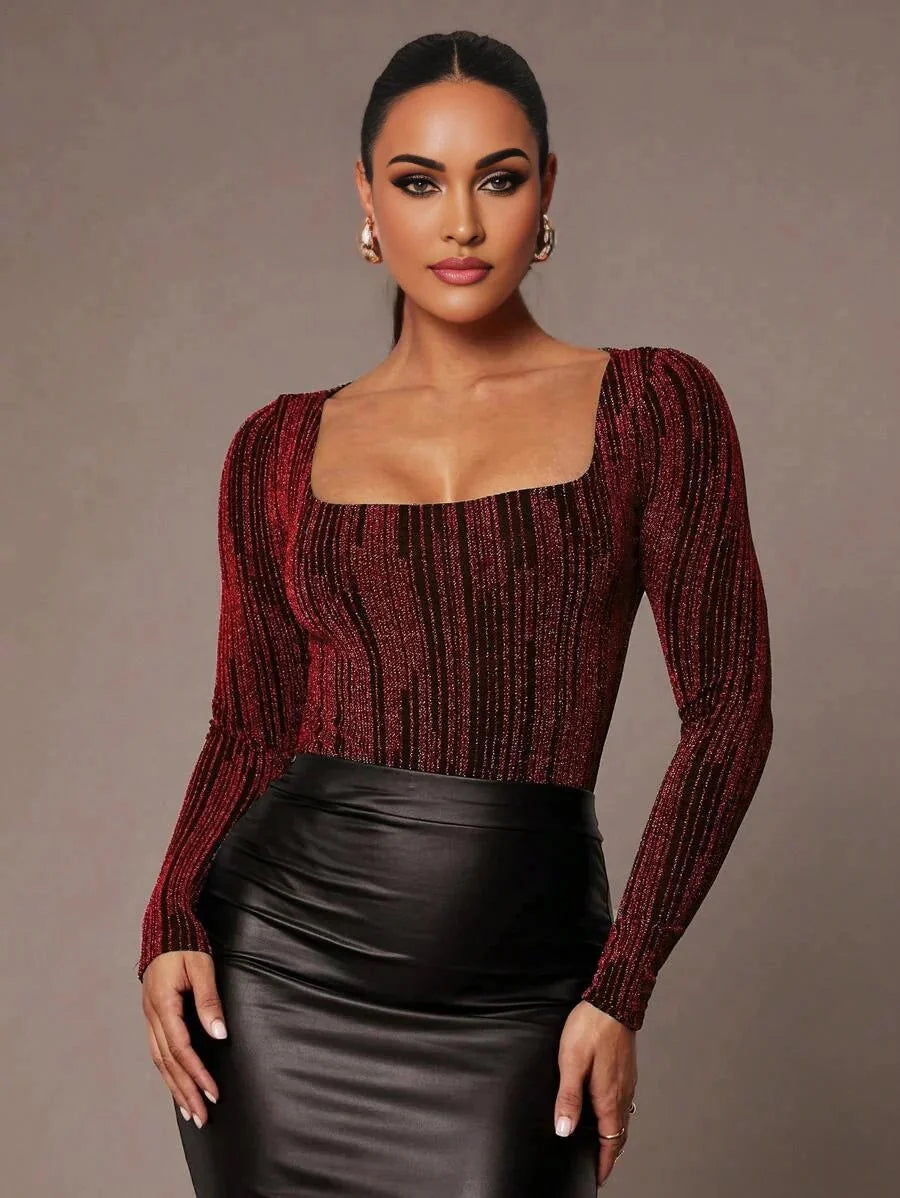 Pierina Bodysuit - Slim Fit - Medium Stretch - Knitted Fabric - Party Style - Square Neckline - Long Sleeve Length - Premium Quality