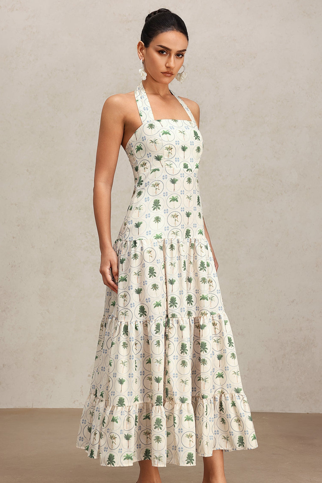 Pierina Green Floral Tiered Halter Dress