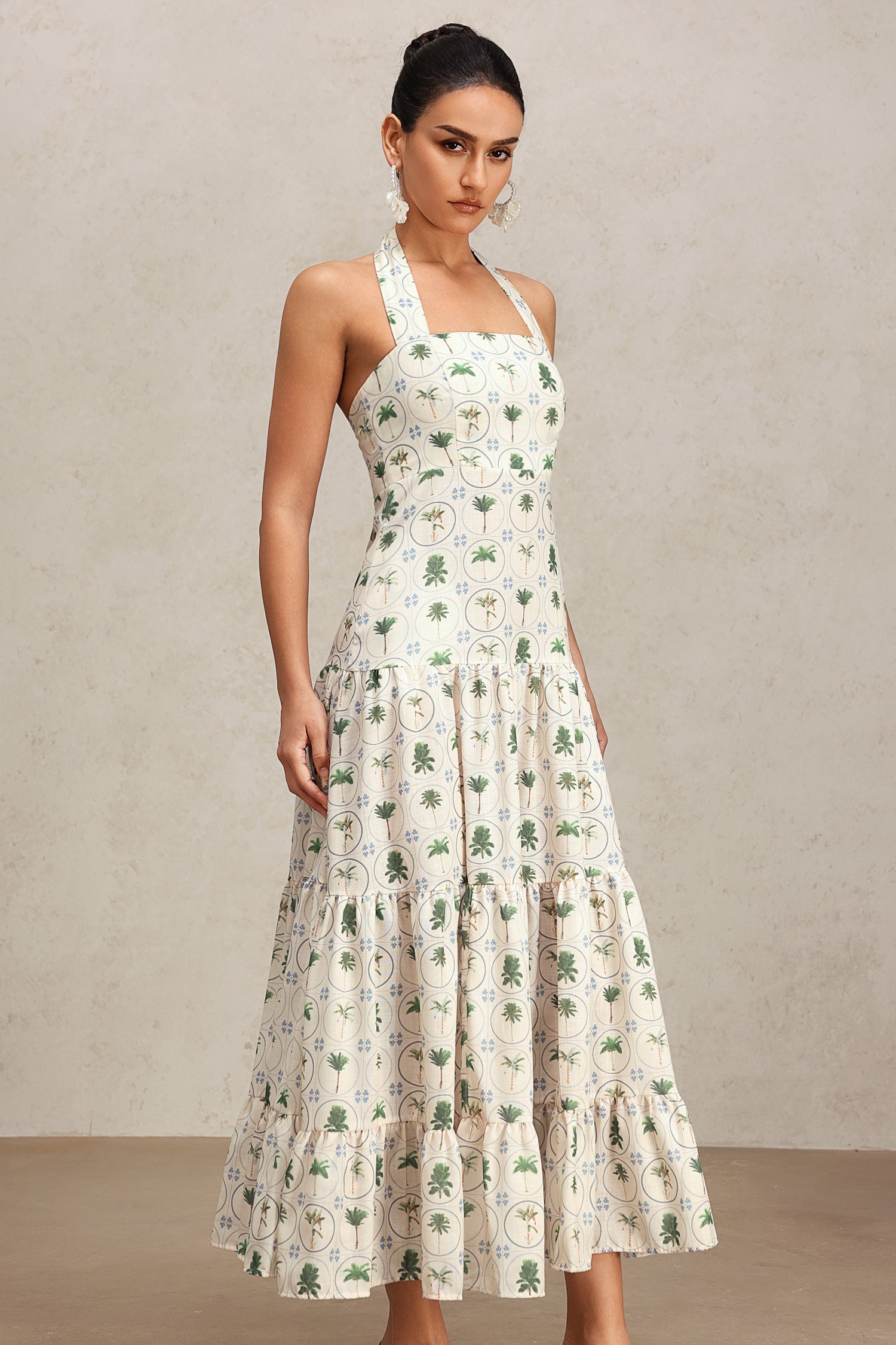 Pierina Green Floral Tiered Halter Dress