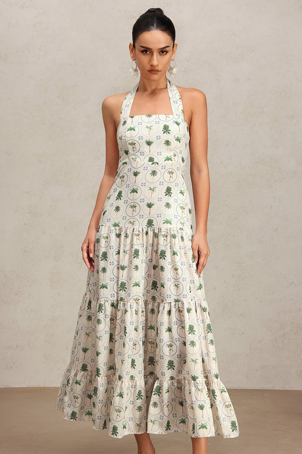 Pierina Green Floral Tiered Halter Dress