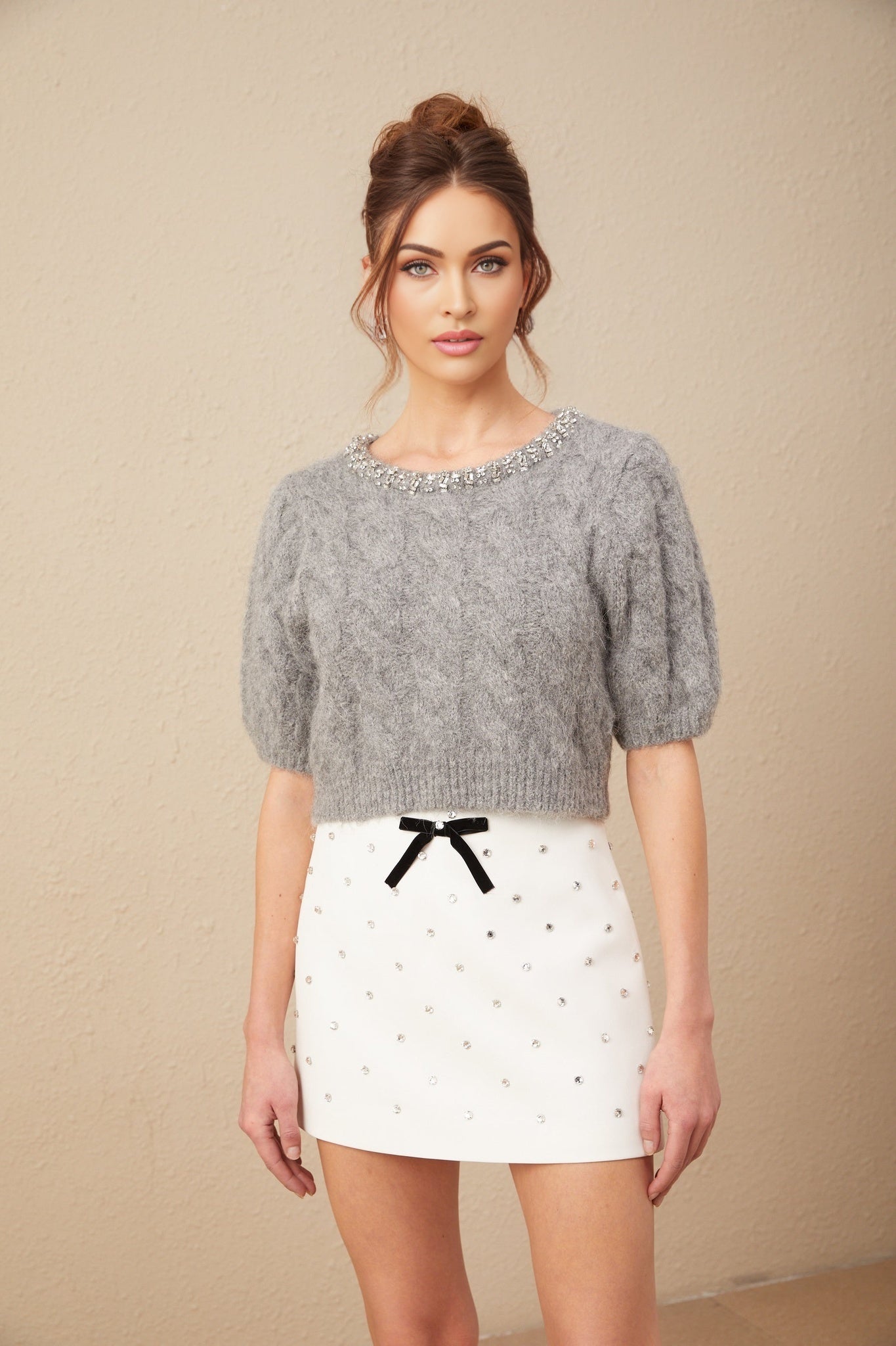 Pierina Sweater Crystal Embellished Cable - Knit Cropped Gray & Short Puff Sleeves