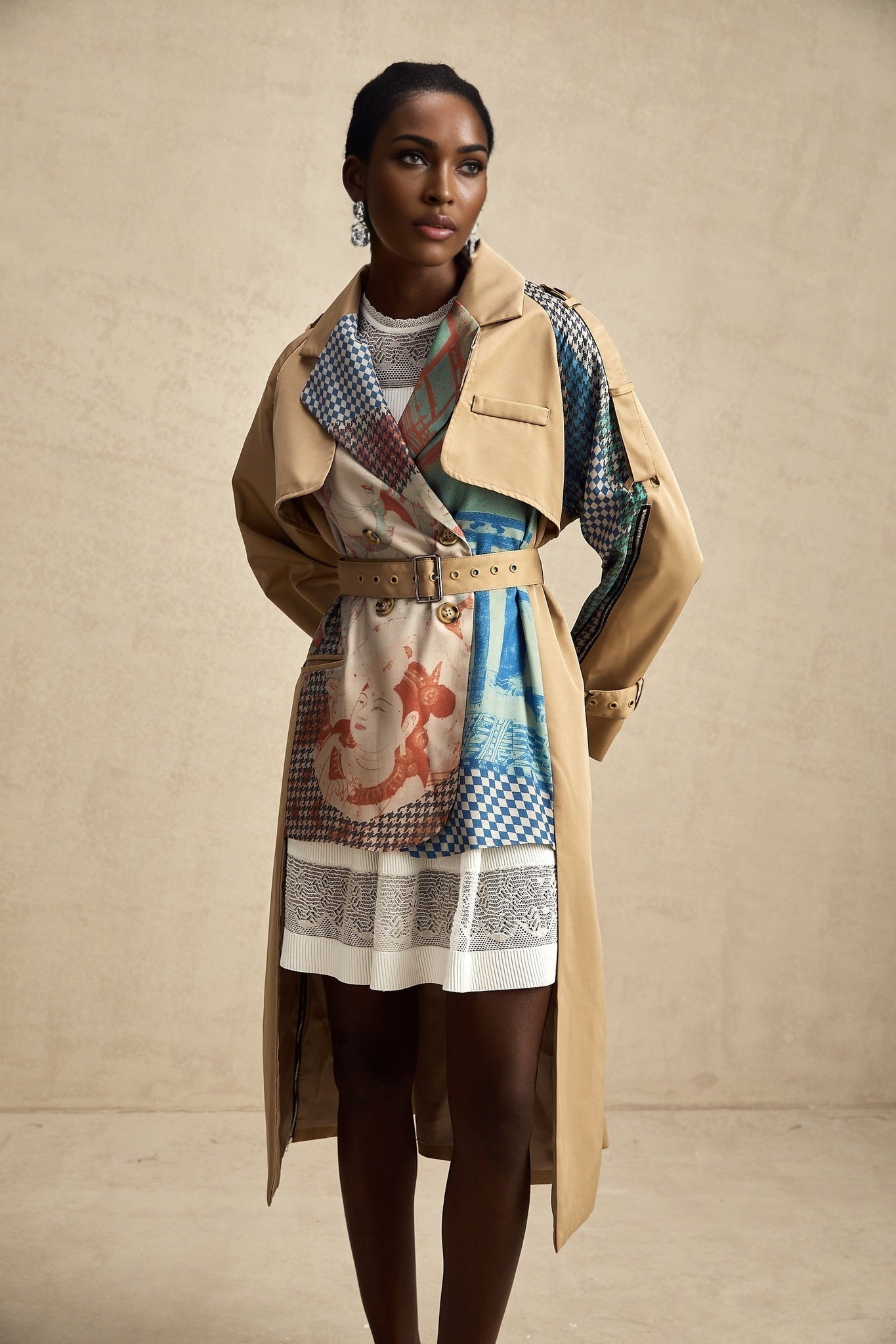 Pierina Trench Coat Contrast Belted & Patterned Edgy