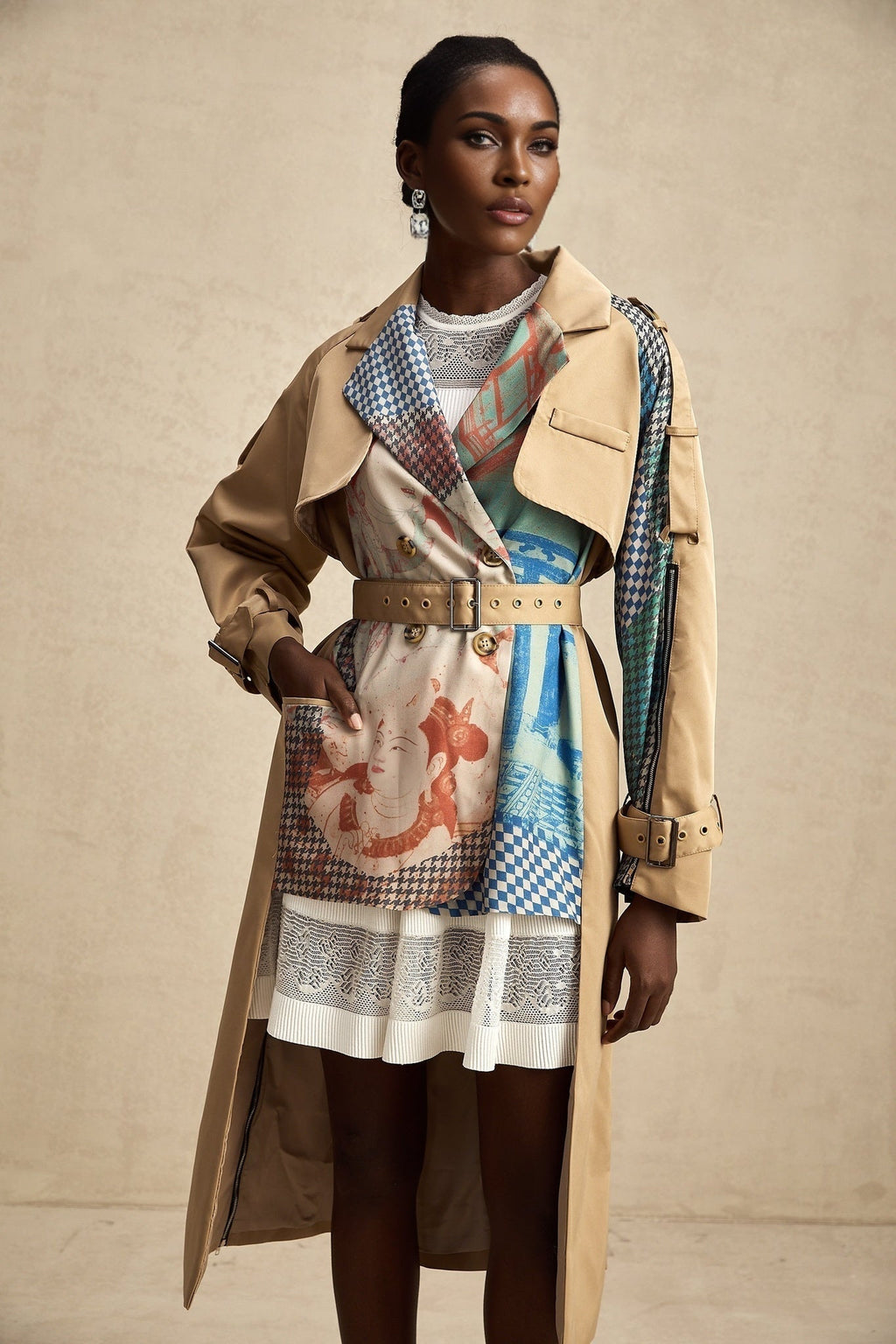 Pierina Trench Coat Contrast Belted & Patterned Edgy
