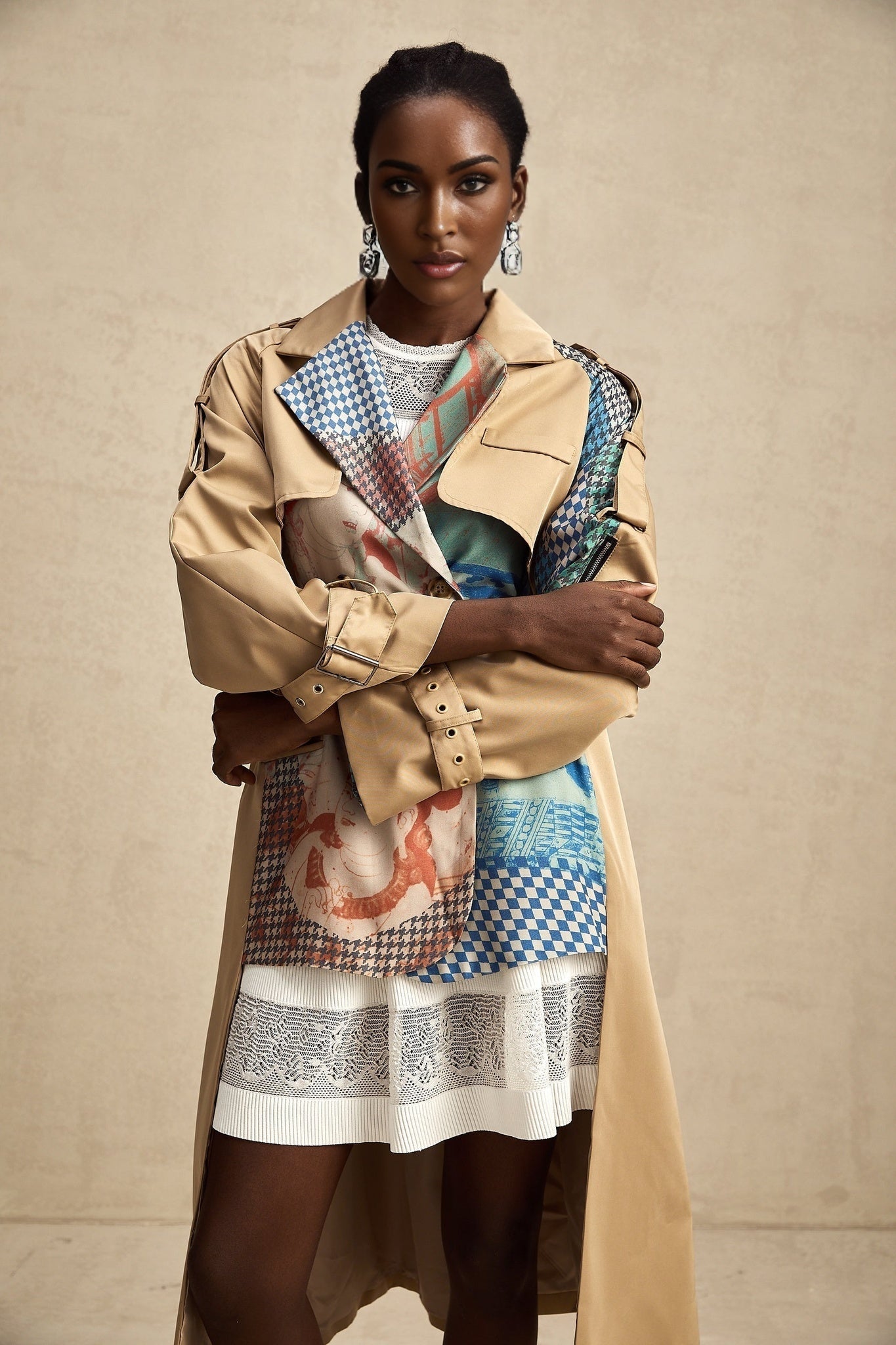 Pierina Trench Coat Contrast Belted & Patterned Edgy