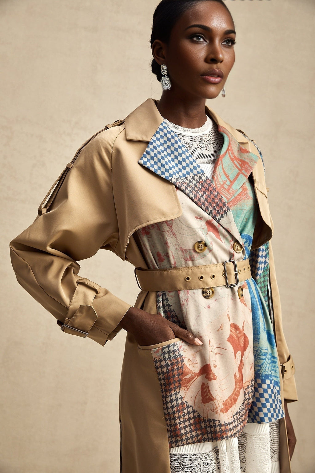 Pierina Trench Coat Contrast Belted & Patterned Edgy