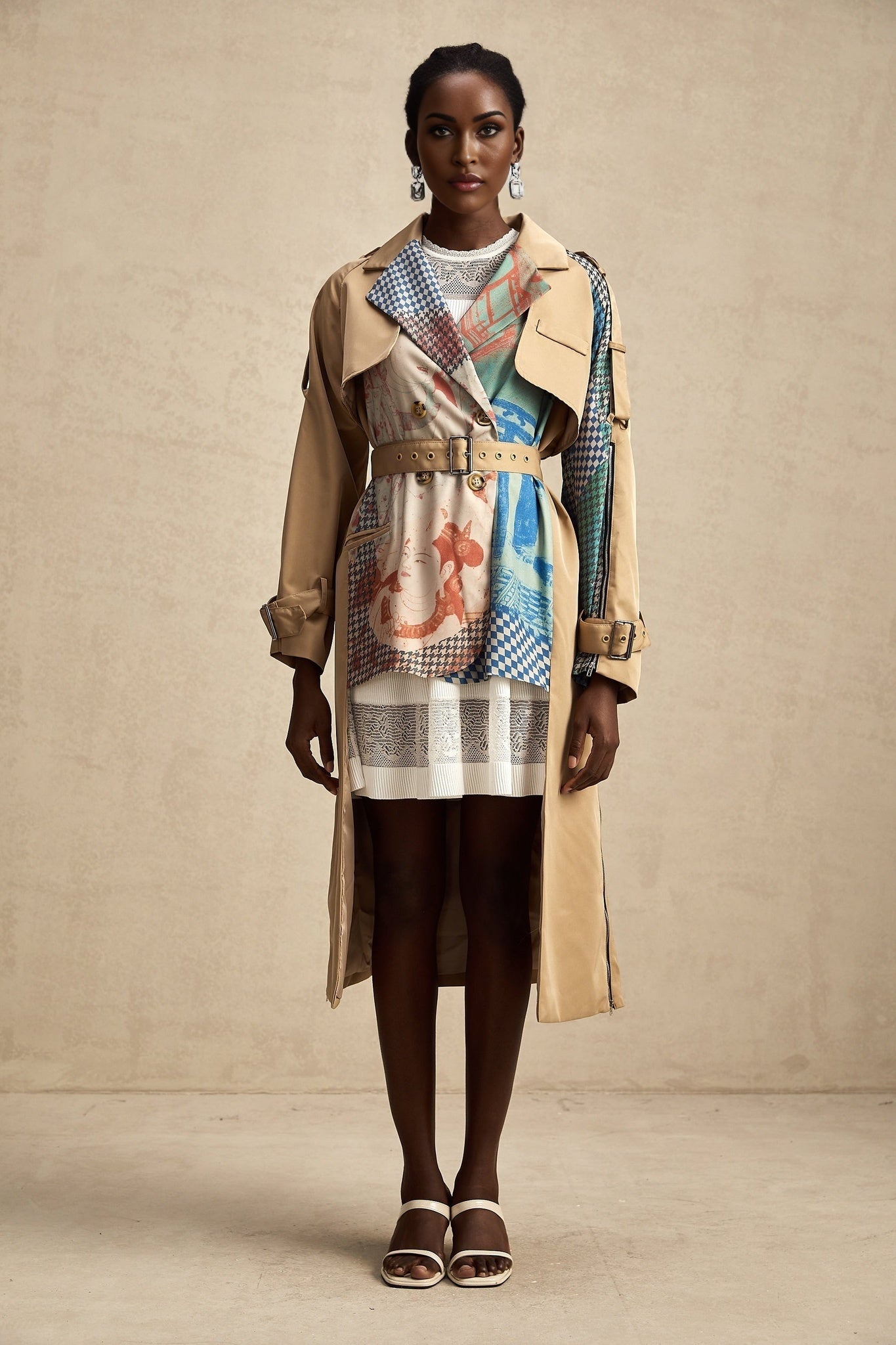 Pierina Trench Coat Contrast Belted & Patterned Edgy