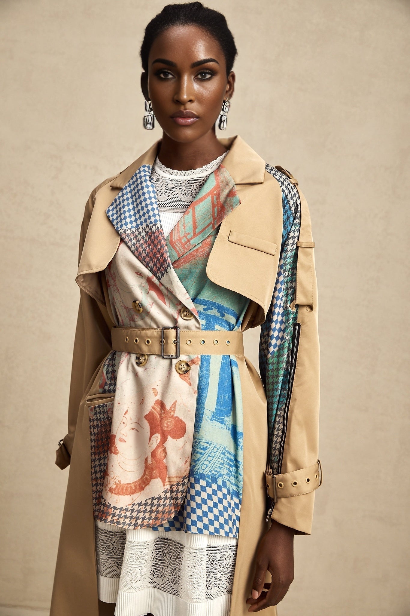 Pierina Trench Coat Contrast Belted & Patterned Edgy