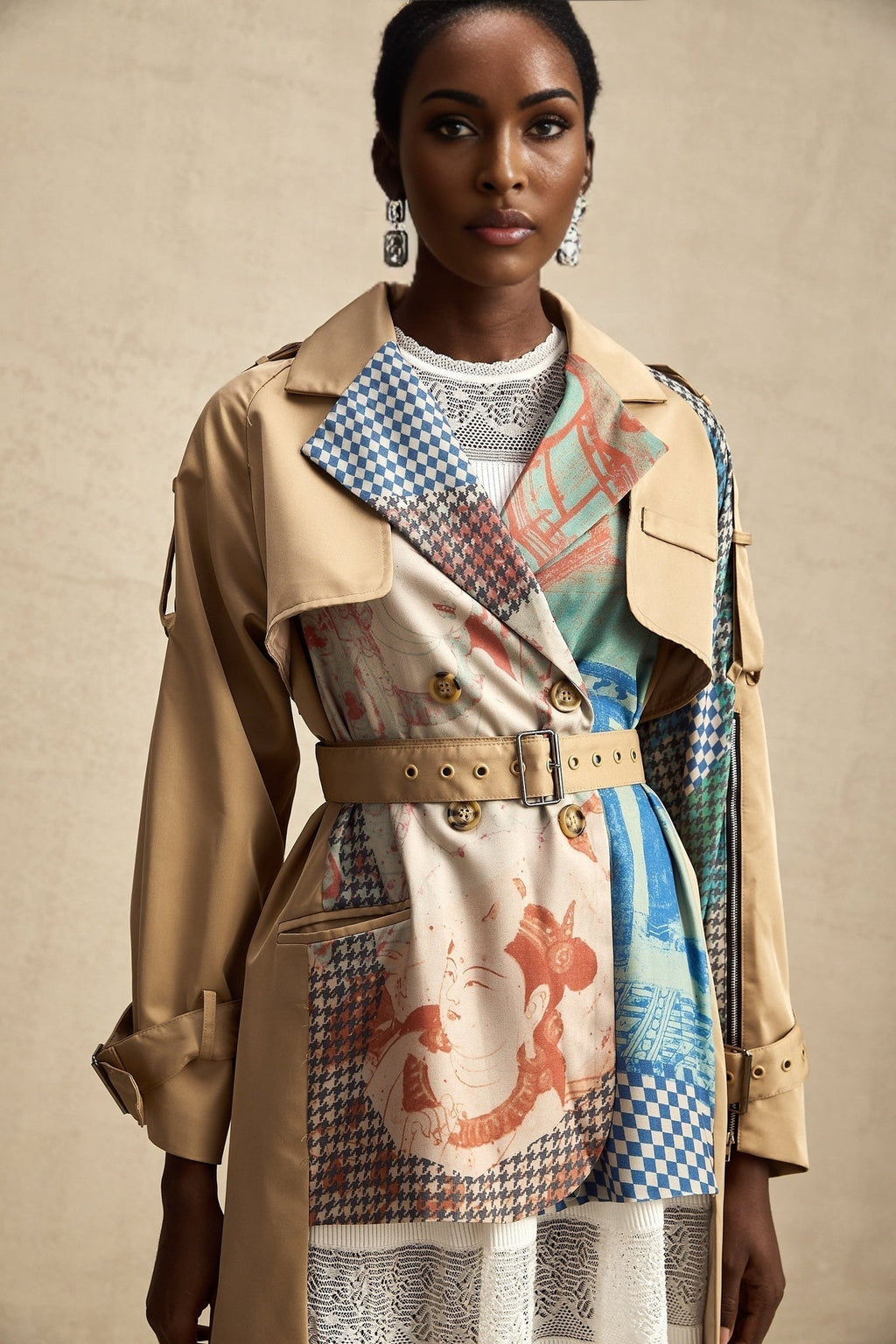 Pierina Trench Coat Contrast Belted & Patterned Edgy