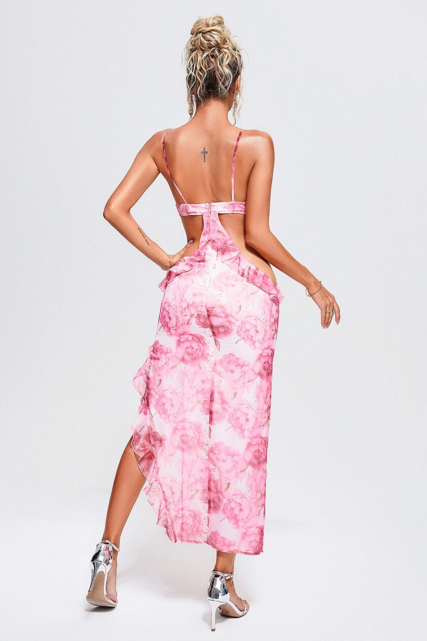 Pink Floral Midi Dress with Cut-Out Design and Flowy Hemline