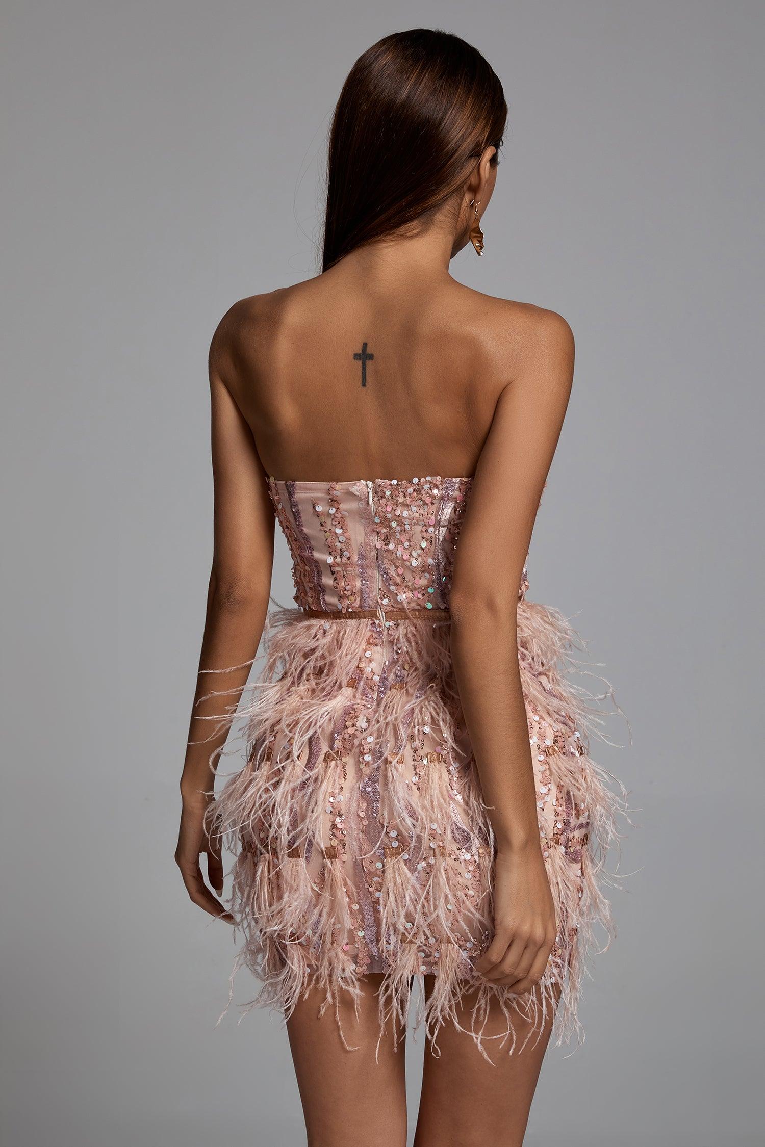 Pink Sequin Fringe Mini Dress with Feather Detailing