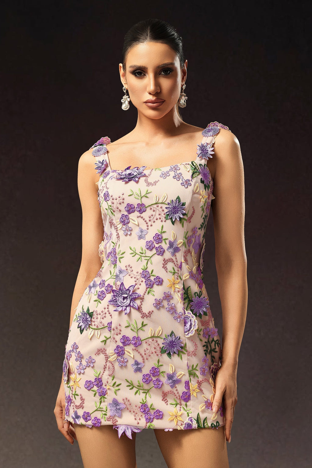 Pink Tanya Sleeveless Flower Mini Dress with Floral Embroidery