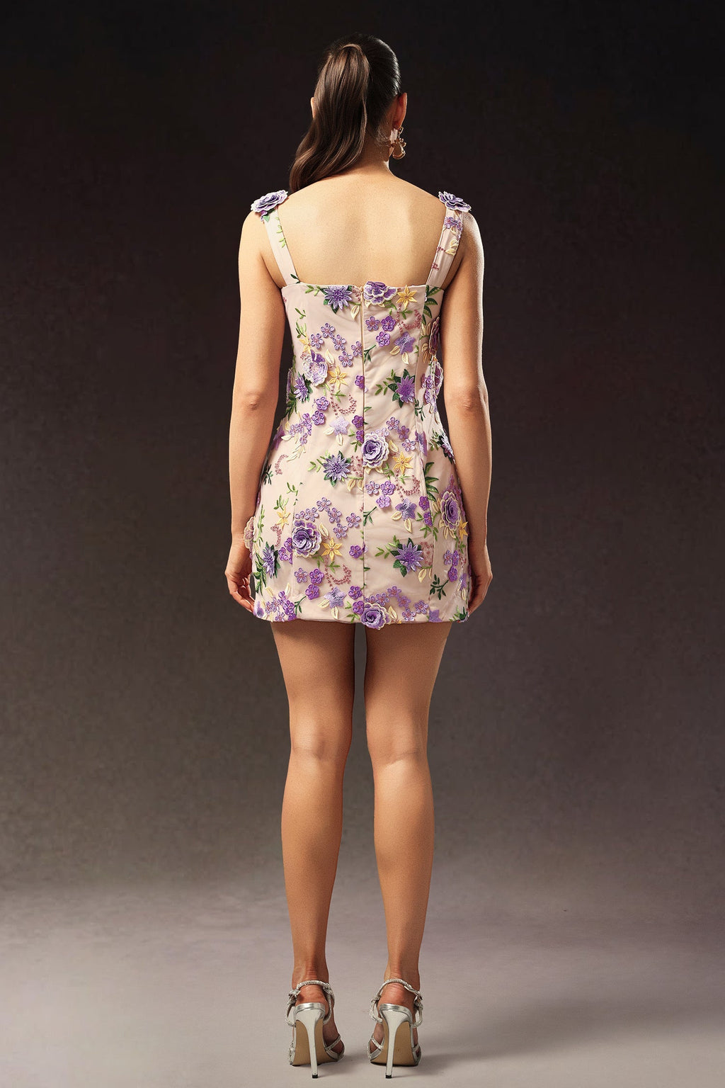 Pink Tanya Sleeveless Flower Mini Dress with Floral Embroidery and Square Neckline