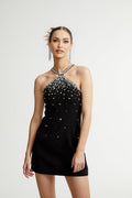 Piper Black Crystal - Studded Mini Dress With Halter Neck