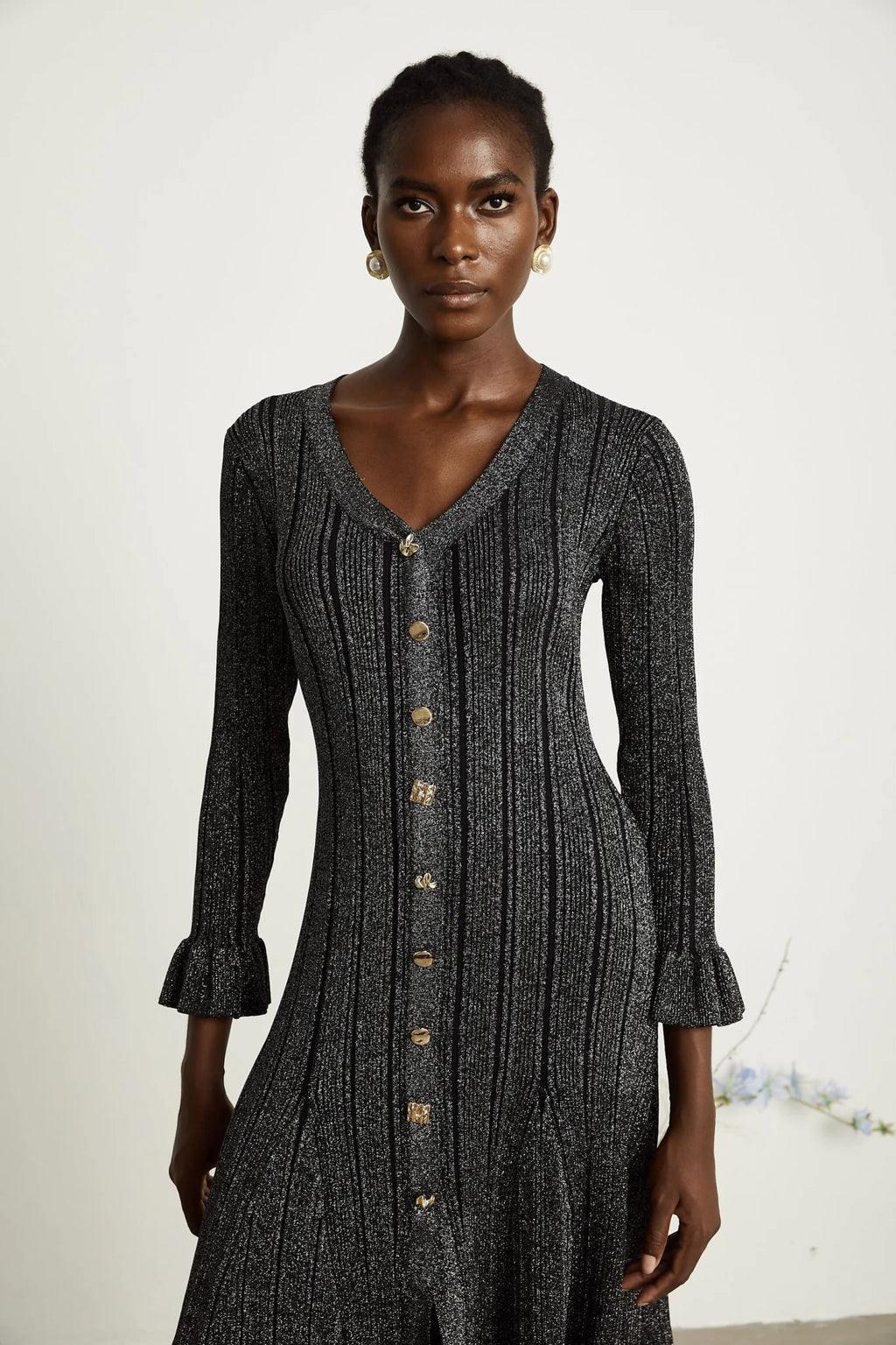 Piper Midi Dress Black Metallic Flounce Mermaid Button Openback