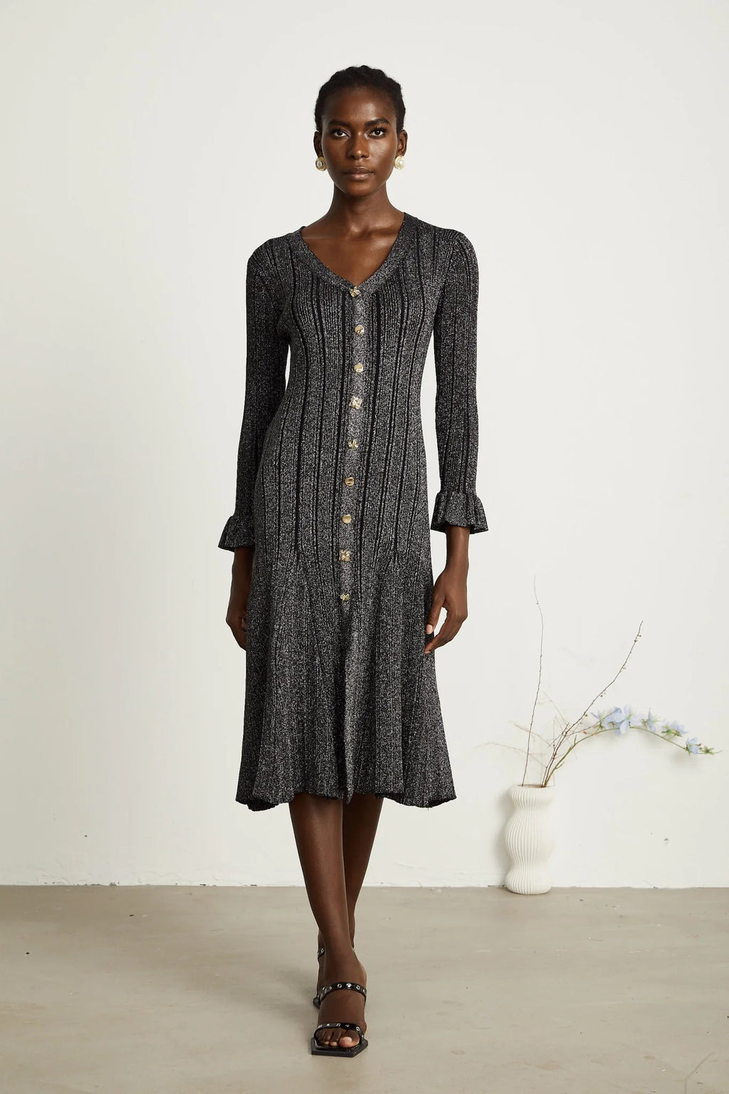 Piper Midi Dress Black Metallic Flounce Mermaid Button Openback