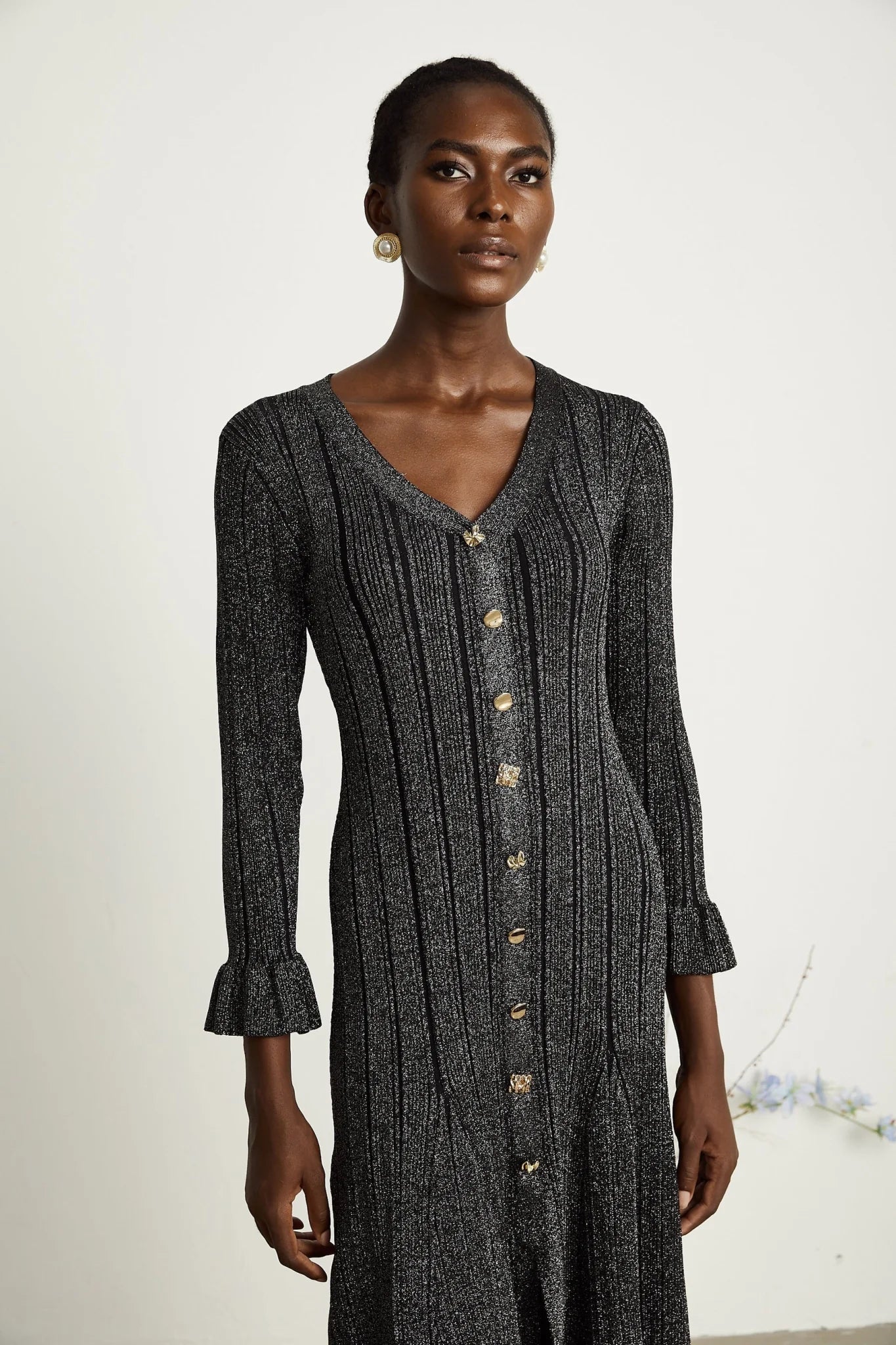 Piper Midi Dress Black Metallic Flounce Mermaid Button Openback