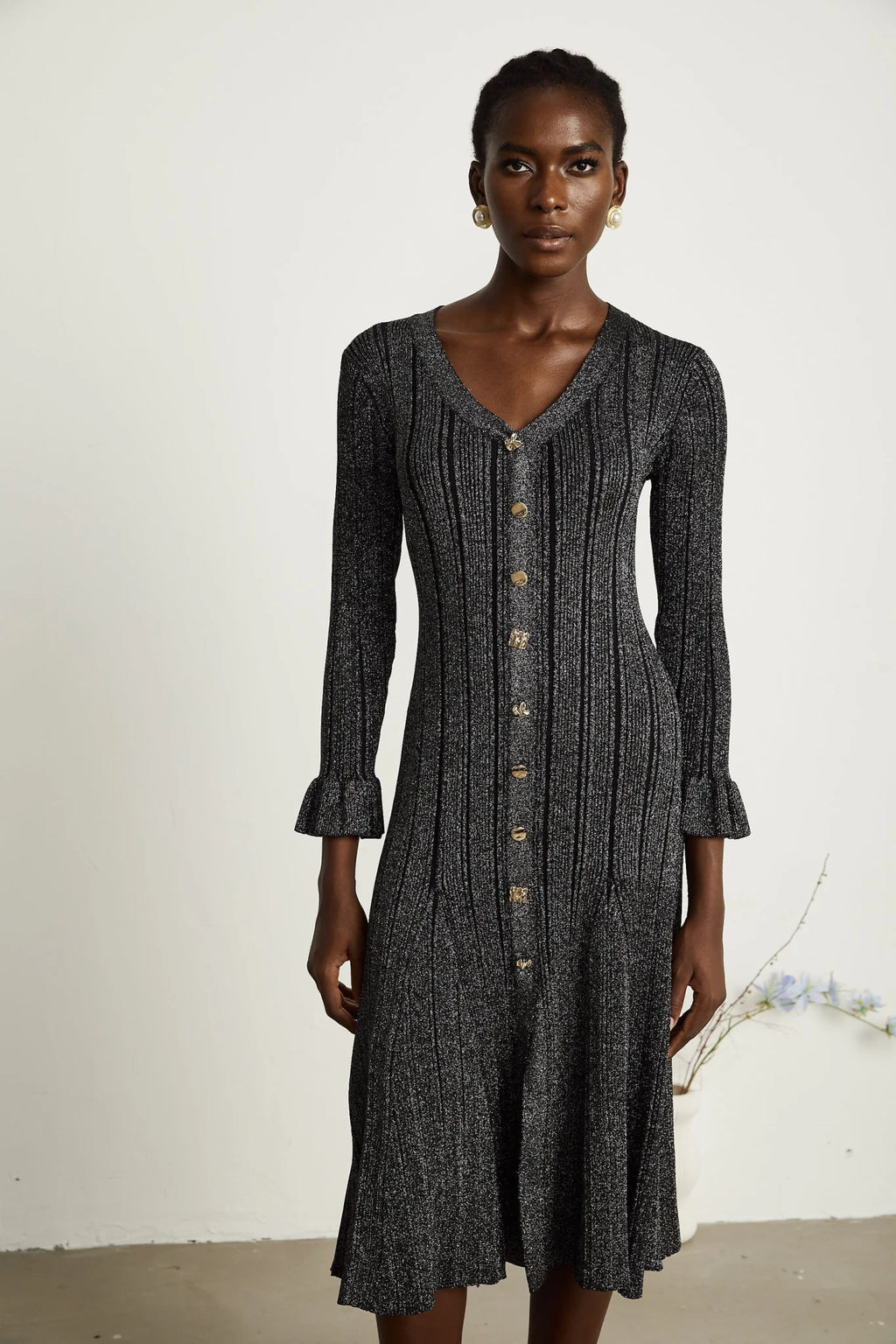 Piper Midi Dress Black Metallic Flounce Mermaid Button Openback
